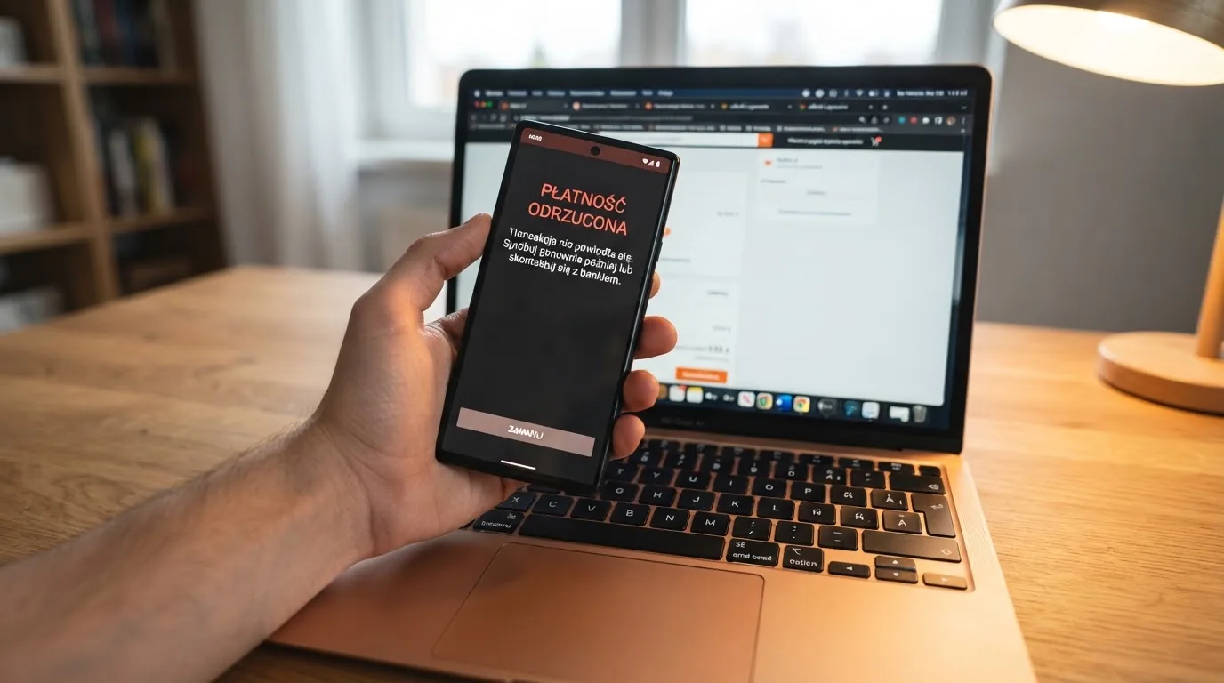 Dłoń trzyma smartfon z komunikatem o odrzuconej płatności nad klawiaturą laptopa