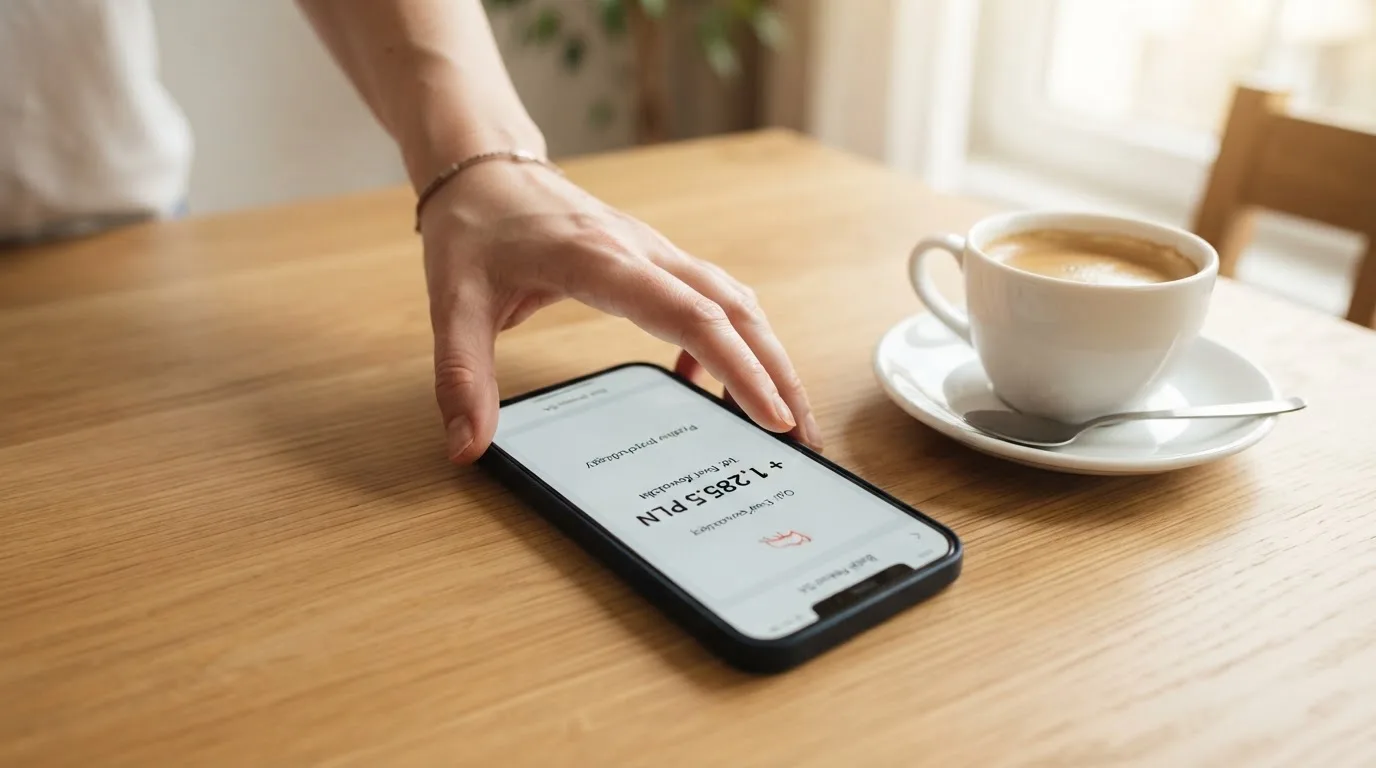 Dłoń trzyma telefon z ekranem aplikacji bankowej pokazującym jedną kwotę wpływu, telefon leży na stole obok filiżanki kawy.